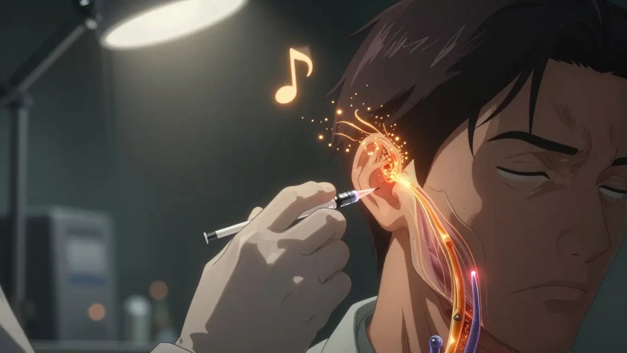 A doctor injects steroid medication into the ear, with glowing particles flowing into the inner ear.