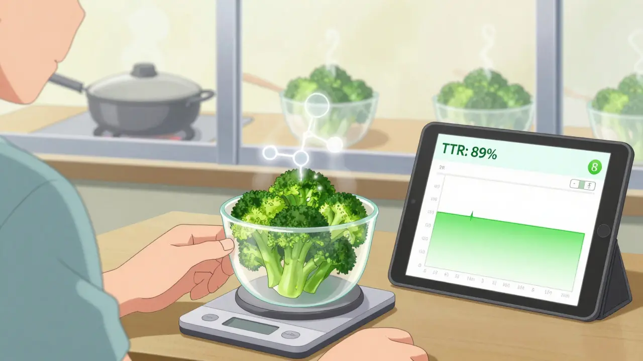 A hand measuring steamed broccoli with a scale, beside a tablet showing a stable INR tracker.
