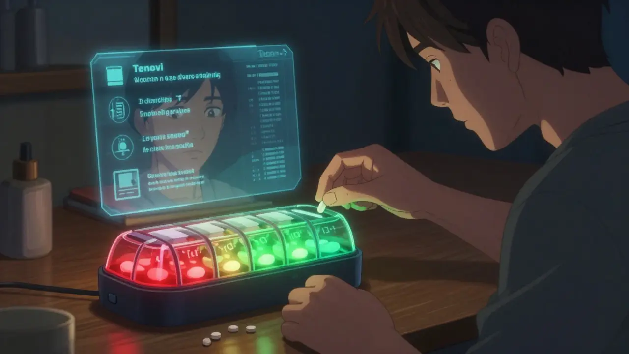 A man using a glowing IoT pillbox with colored LEDs as digital notifications float nearby in a dim room.