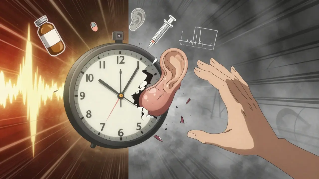 A melting clock transforms into a cochlea, symbolizing time running out for hearing recovery.