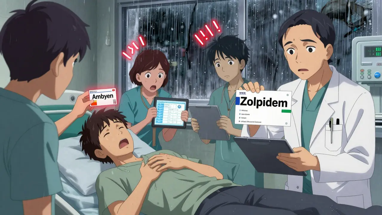 A patient collapsing in a hospital as staff react to a misread prescription, while a doctor holds up the correct generic drug name.
