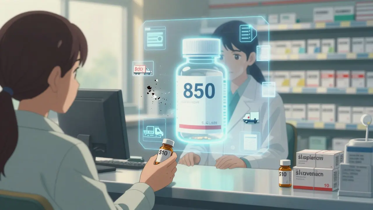 A pharmacist hands a  generic pill to a patient while the original 0 brand fades into dust.