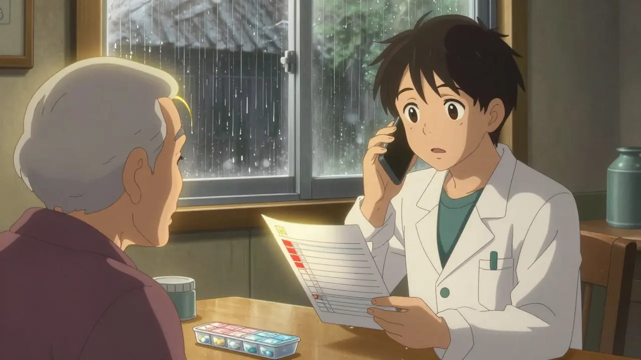 A pharmacist speaking kindly on the phone to an elderly patient, holding a printed medication log in a quiet rural home.