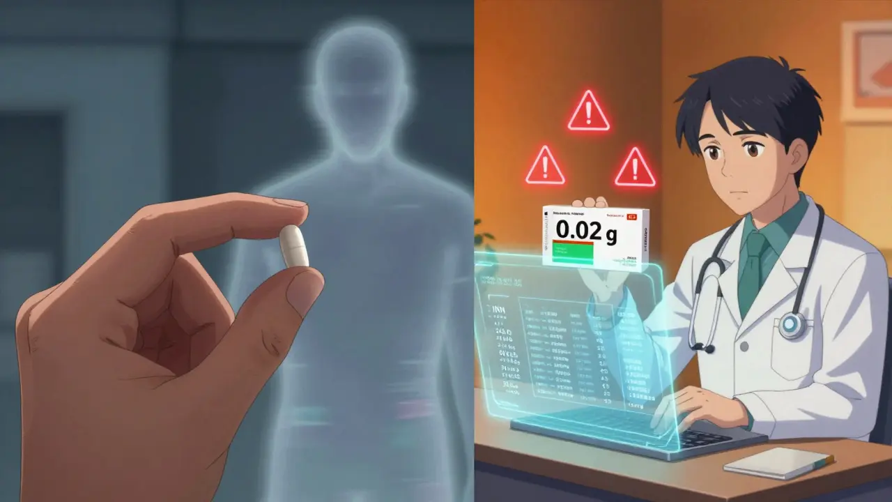 A split image showing a U.S. pill label next to a foreign one with warning symbols, and a translator using a holographic database.