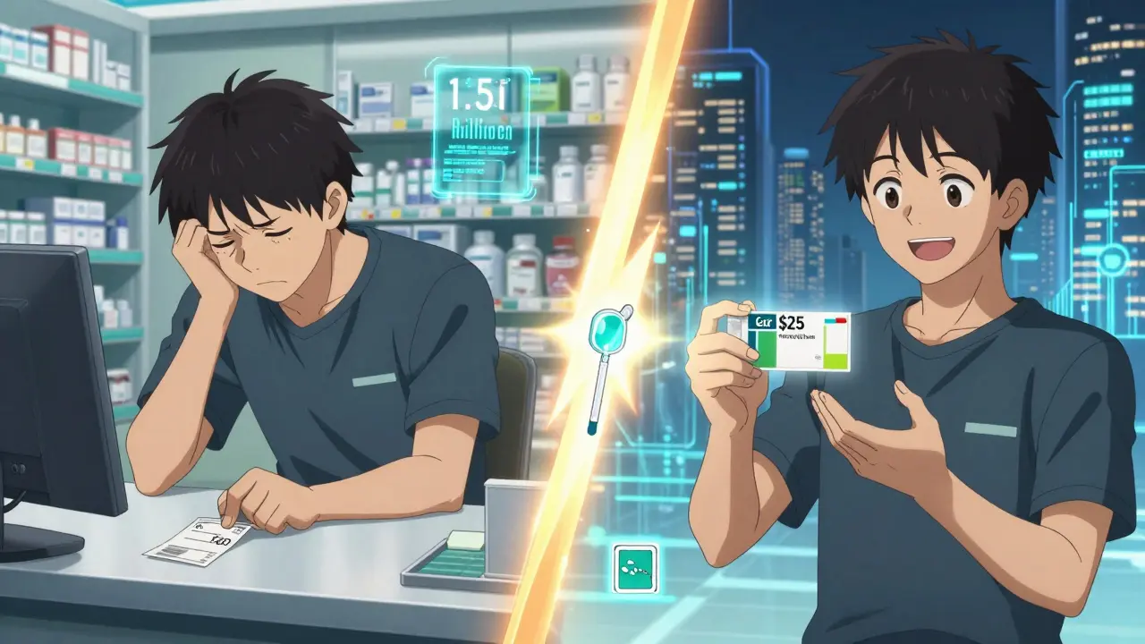 A split scene showing someone saving money on medication by using price transparency tools, with data streams flowing in the background.