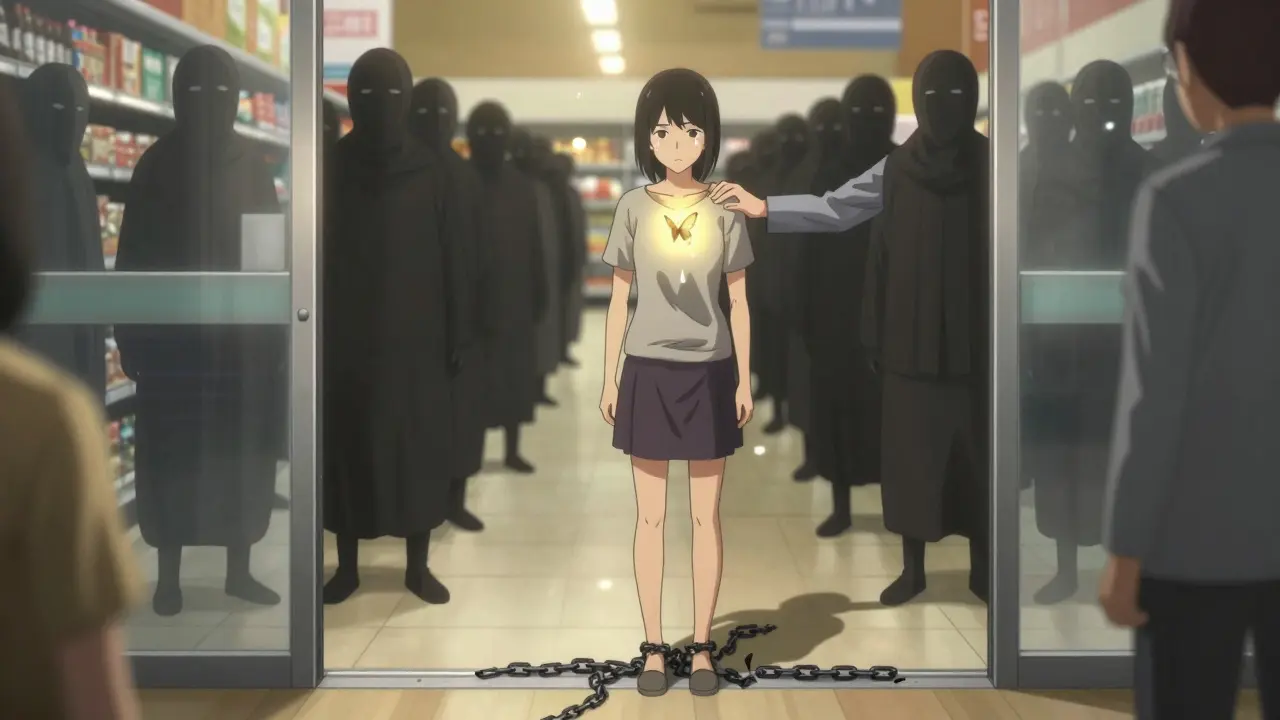 A woman hesitating at a supermarket entrance, chains binding her feet, therapist beside her, light outside.