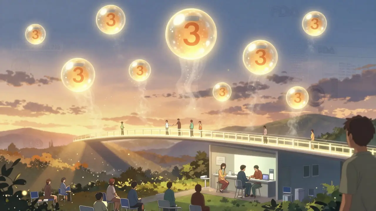 Billions of glowing therapy orbs in sky connecting to clinic, symbolizing safe biosimilar access.