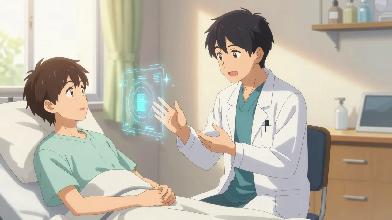 Doctor explaining medication to patient in sunlit hospital room.