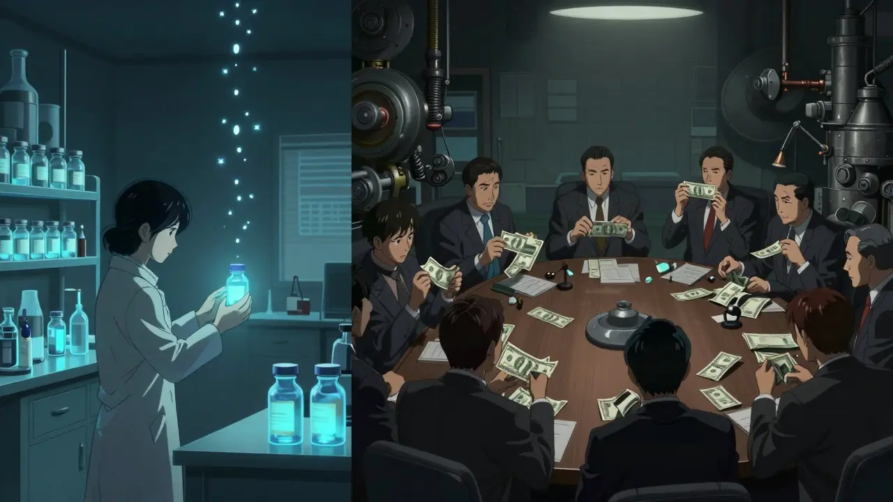 Generic drug maker in lab with pills like stars vs. corporate executives burning brand-name profit bills.