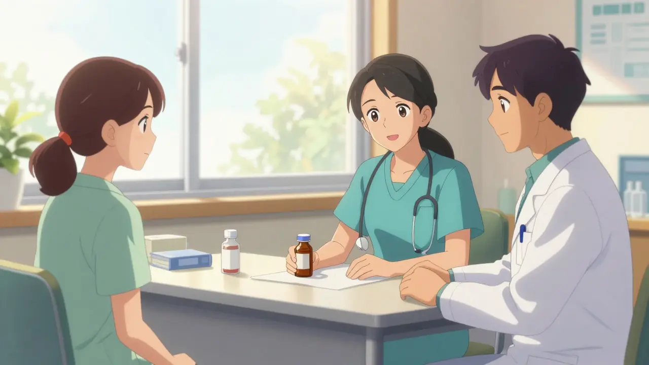 Patient and specialist chatting calmly in a sunlit medical office.