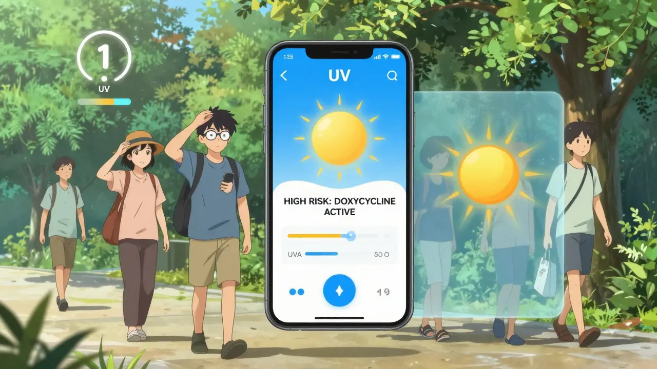 People outdoors with a floating UV alert app showing real-time risk warnings for someone on doxycycline.