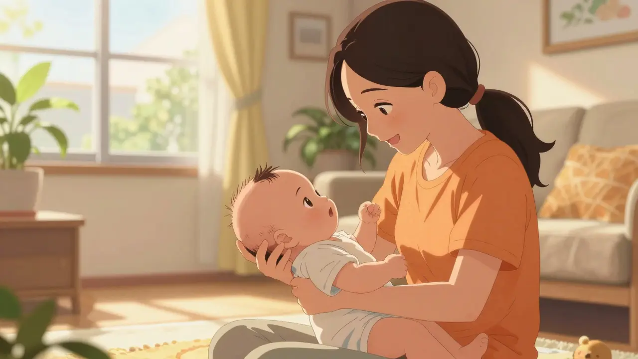 Recovered mother checking baby's wellbeing in sunny living room