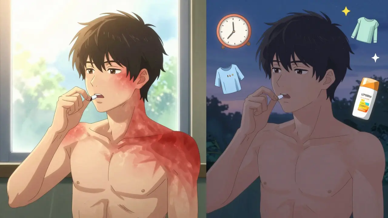 Split scene: one side shows sunburn from morning antibiotic use, the other shows safe evening use with protective icons.