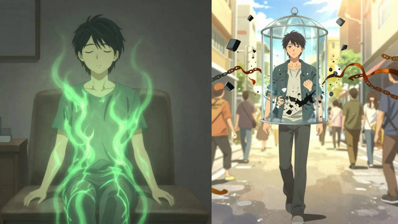 Split scene: person breathing calmly in therapy, same person walking confidently as past self’s cage shatters.