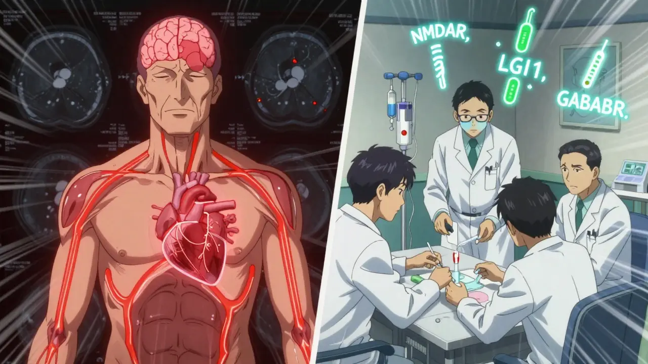 Split scene showing a man with warning signs from his brain and heart, while doctors administer treatment, with glowing antibody icons floating nearby.