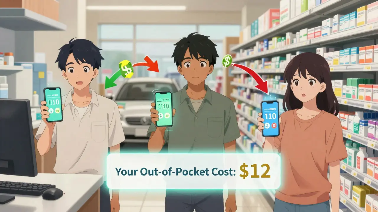 Three people using smartphones to view real-time drug cost estimates projected as holograms near nearby pharmacies.