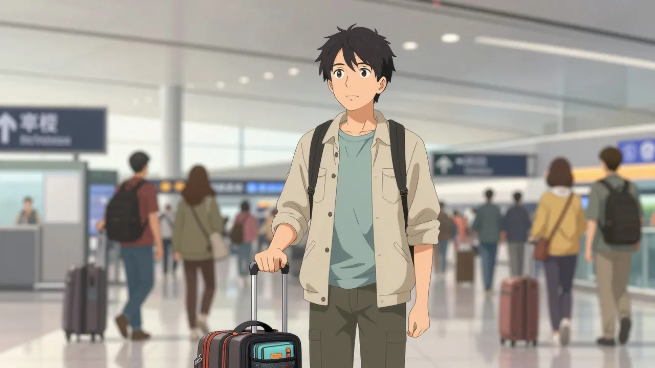 A confident traveler at an airport with a medical kit visible in their carry-on bag.