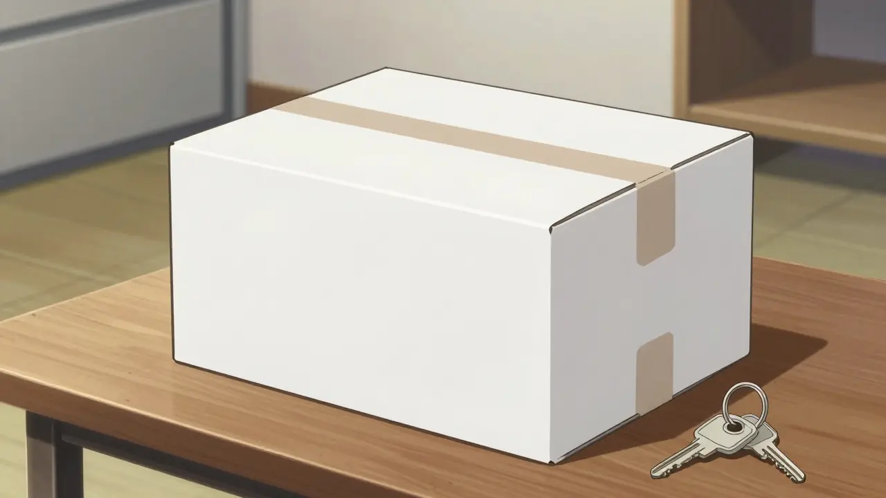 A discreet, unmarked white medicine package on a wooden table