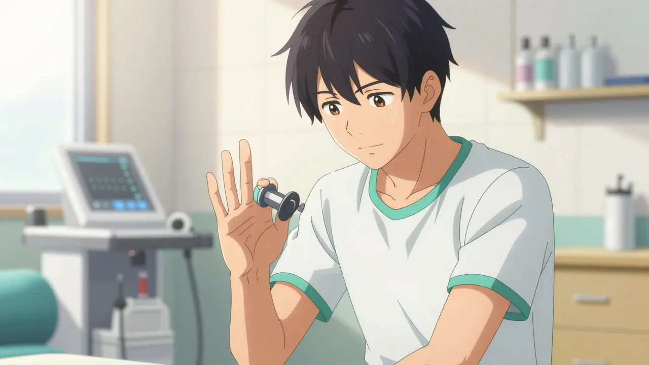 Anime character performing hand stretching exercises in a modern therapy clinic.