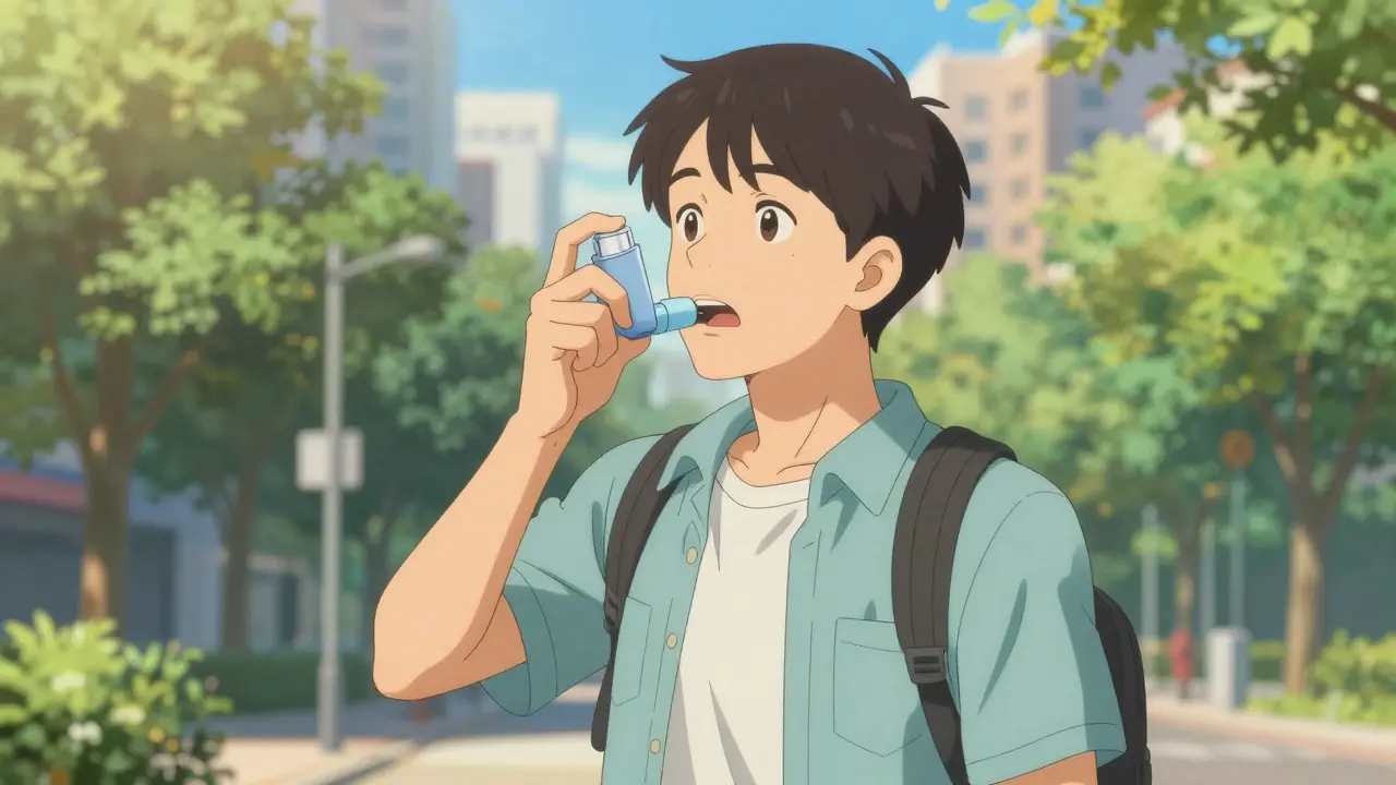 Anime character using an inhaler with a spacer in a sunny city environment.
