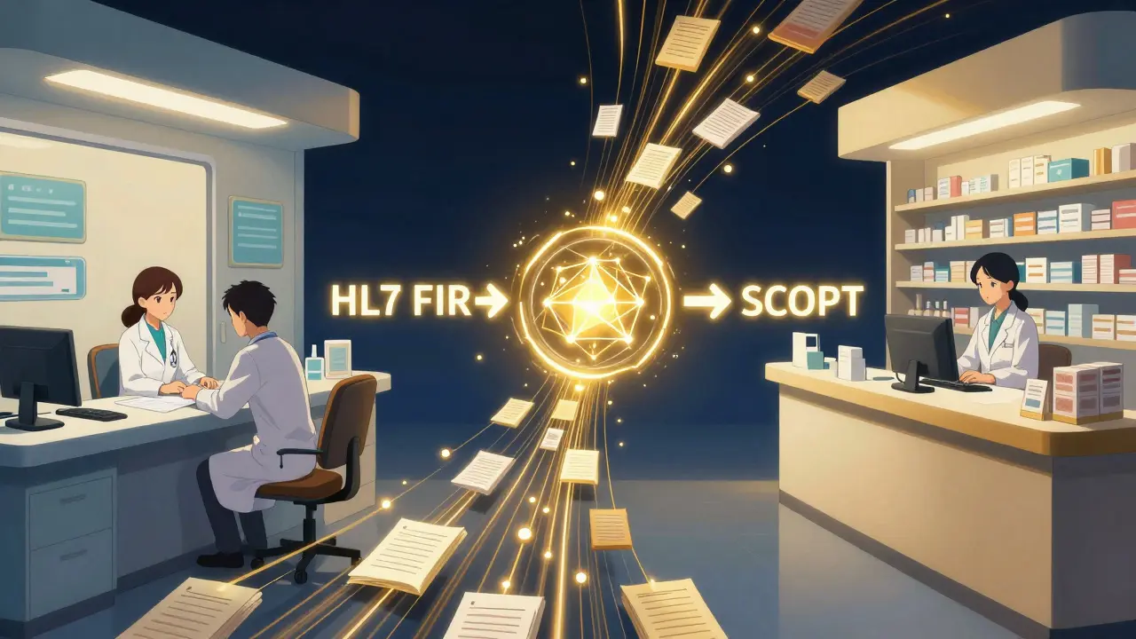 Anime conceptual art of data flowing between a clinic and a pharmacy