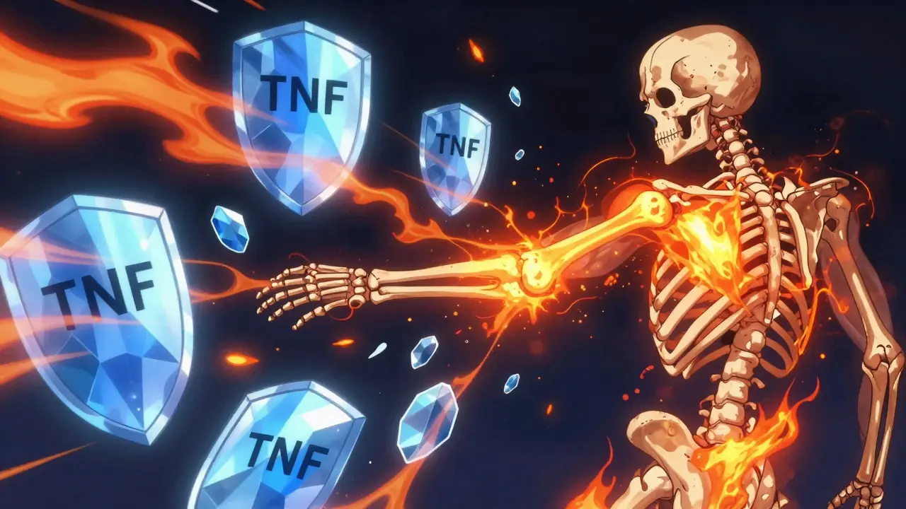 Anime conceptual art showing blue shields neutralizing orange inflammatory fire in a skeletal system.