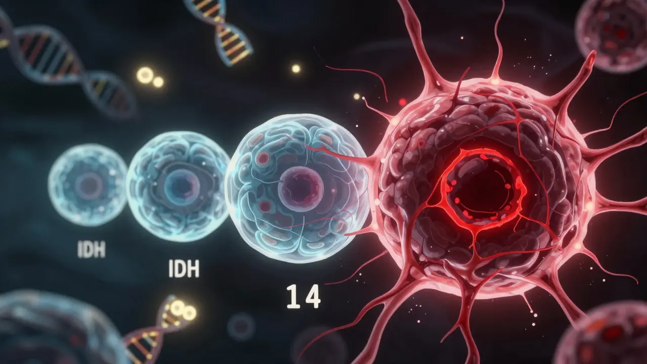 Anime conceptual art showing the progression of tumor grades from 1 to 4 with genetic markers.