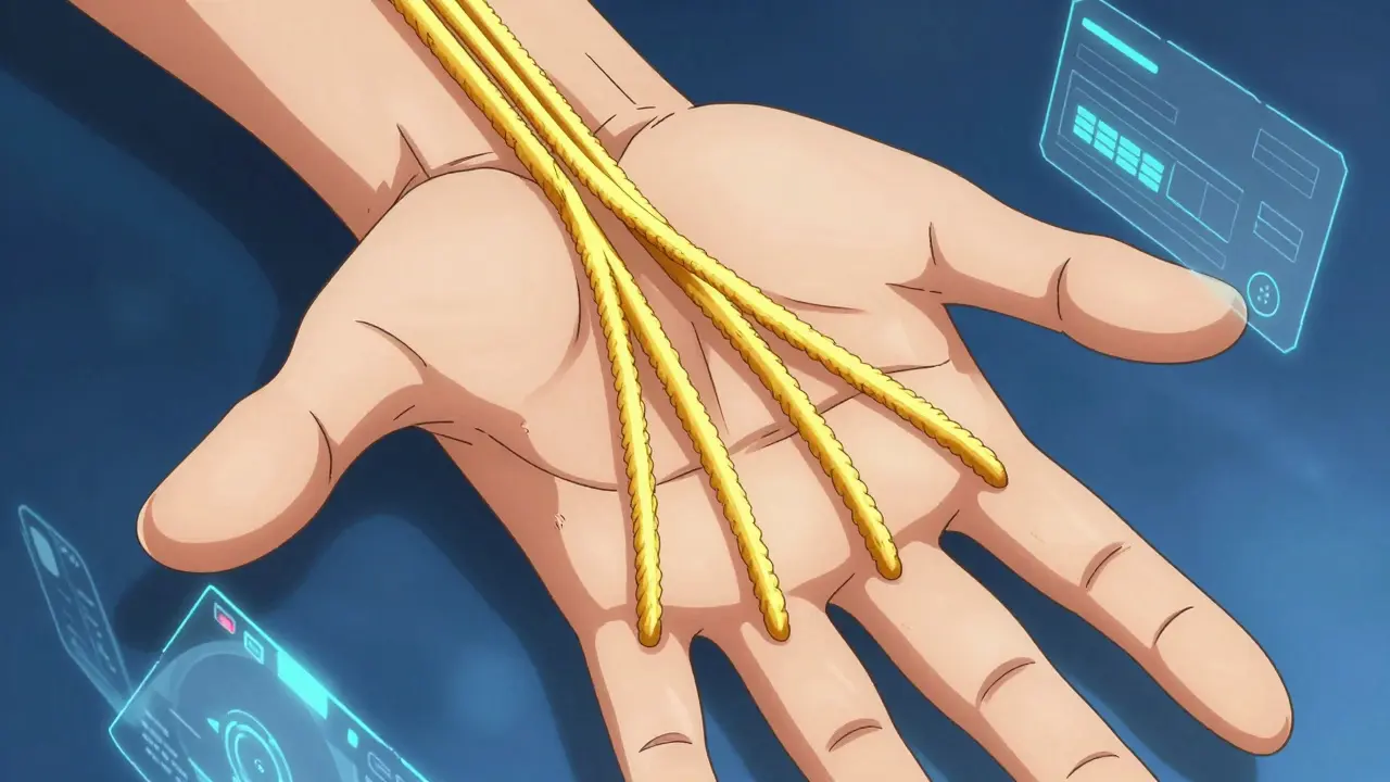 Anime conceptual view of thick collagen cords pulling fingers toward the palm.
