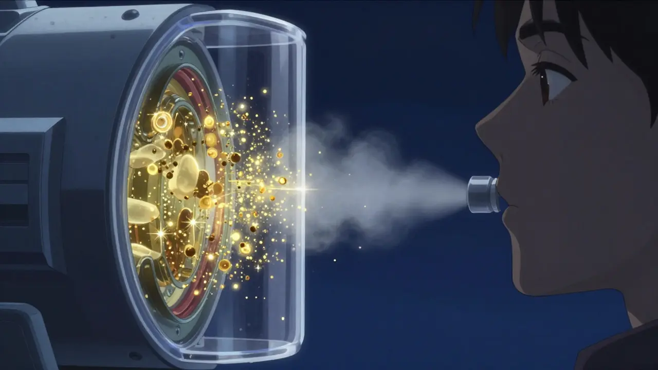 Anime illustration showing medication particles floating inside a spacer chamber.