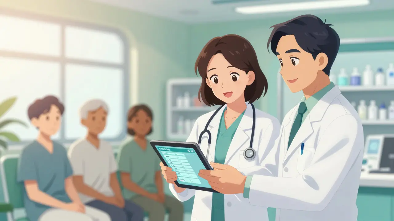 Anime pharmacist and doctor collaborating over a digital patient care plan