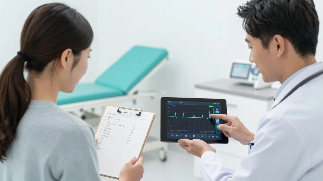 Anime scene of a patient and doctor reviewing a health log in a bright clinic