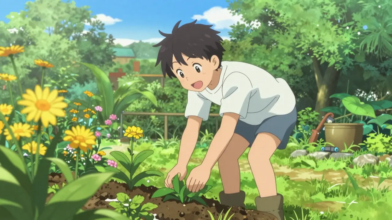 Anime scene of a person happily gardening, symbolizing regained mobility and health.