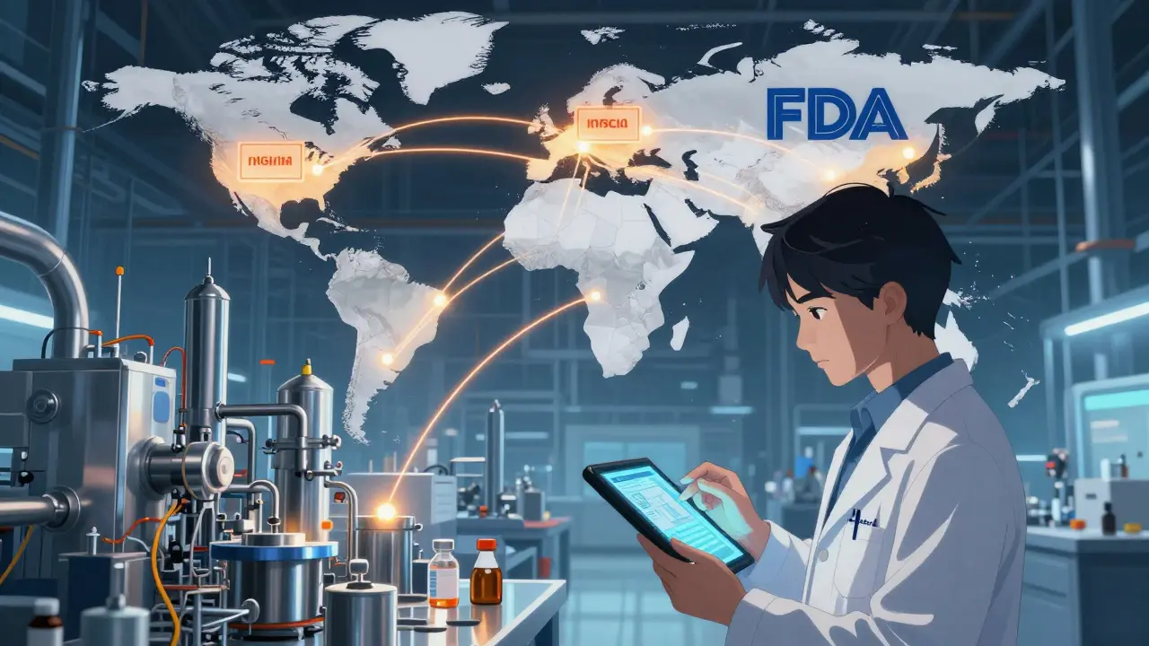 Anime scene of an FDA inspector at a high-tech drug factory with a global map of manufacturing sites.