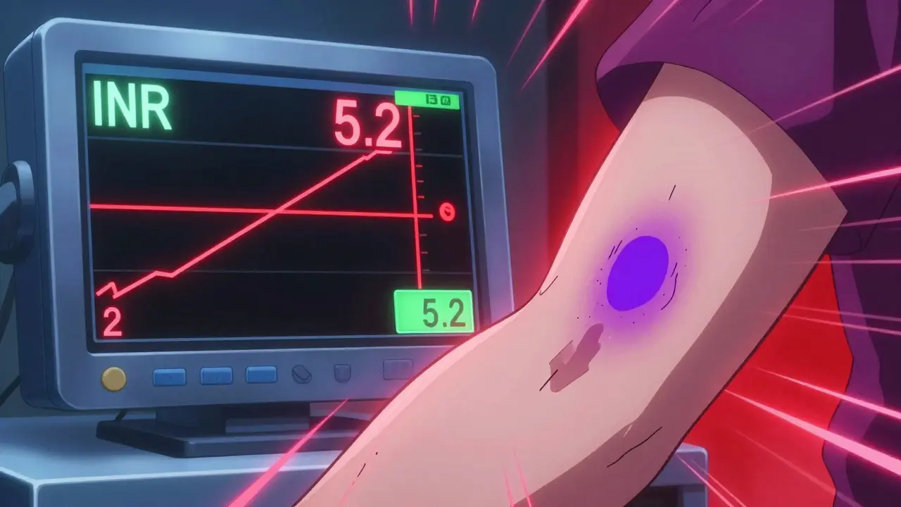 Anime split-screen showing a rising INR monitor and a large purple bruise on an arm