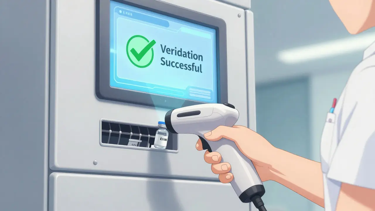Anime style close-up of a nurse scanning a medication barcode for safety verification.