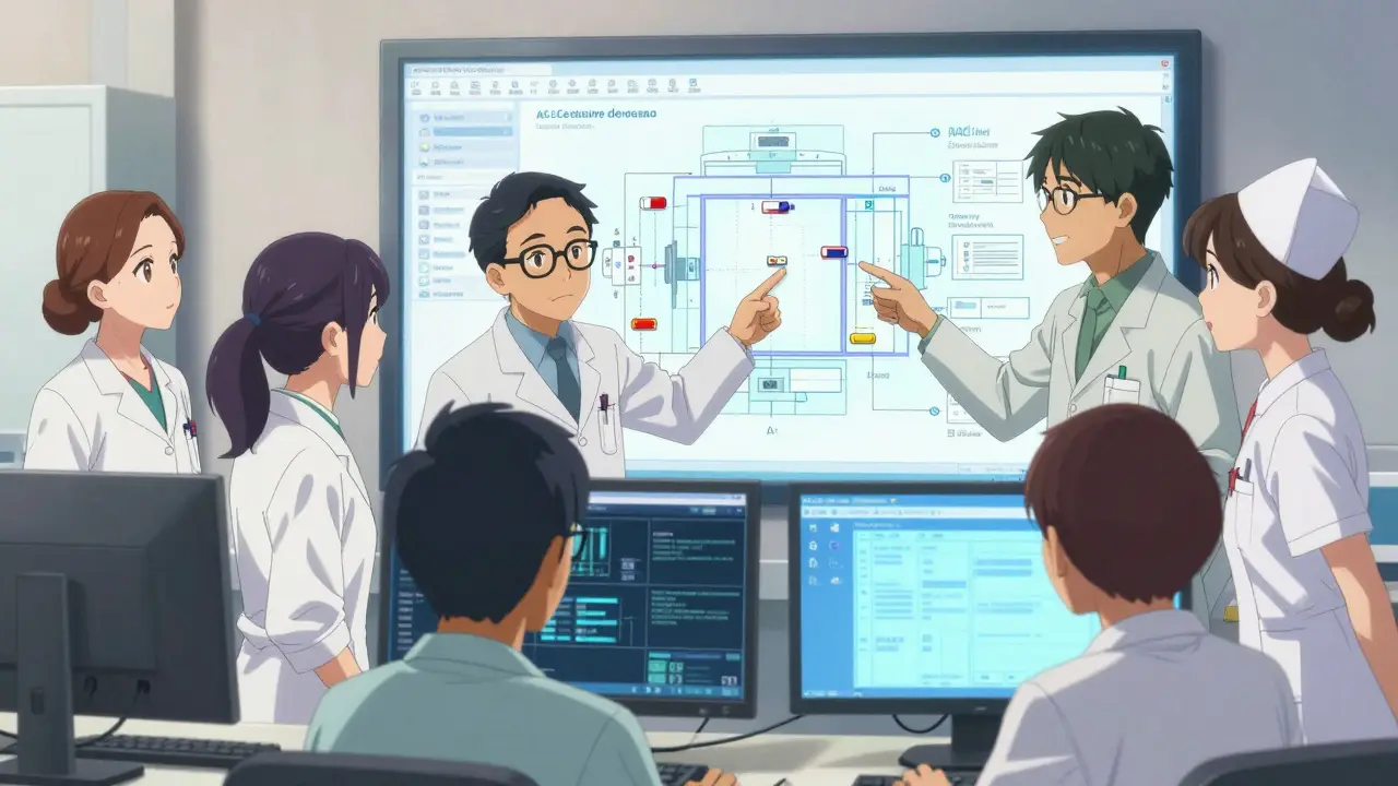 Anime style medical team planning the safe layout of a medication dispensing system.