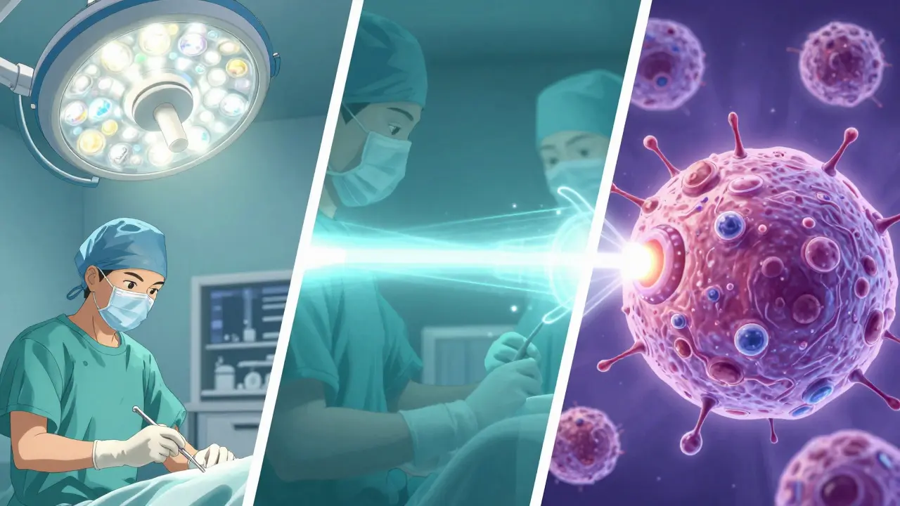 Anime style three-panel illustration depicting surgery, radiation, and chemotherapy treatments.