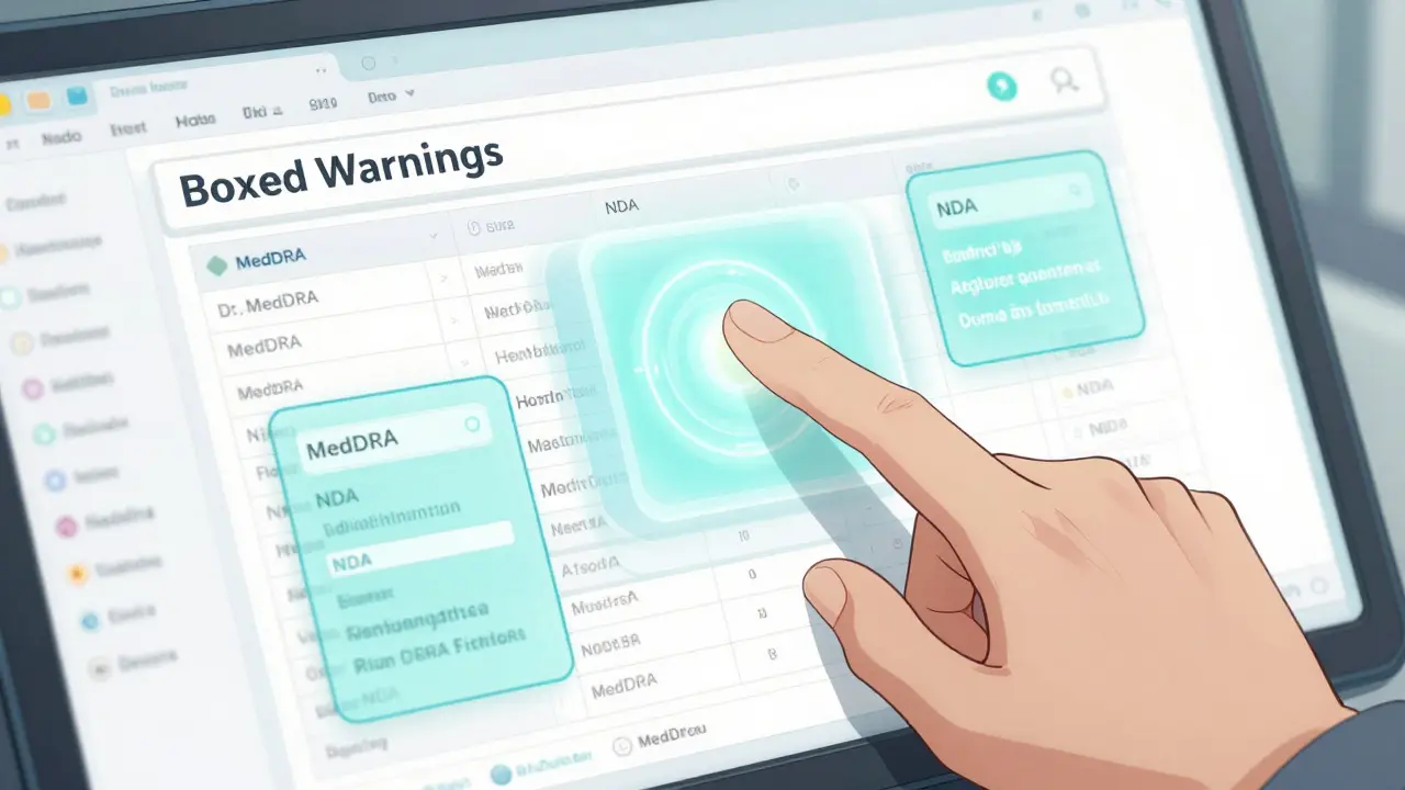 Close-up of a futuristic anime-style interface filtering drug label sections for medical data.