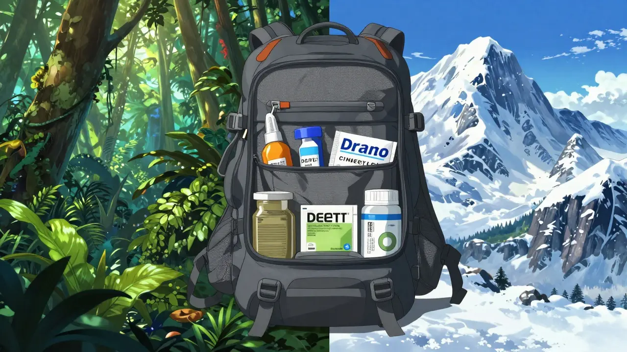 Contrast between a tropical jungle and snowy mountains with specialized travel medicines.