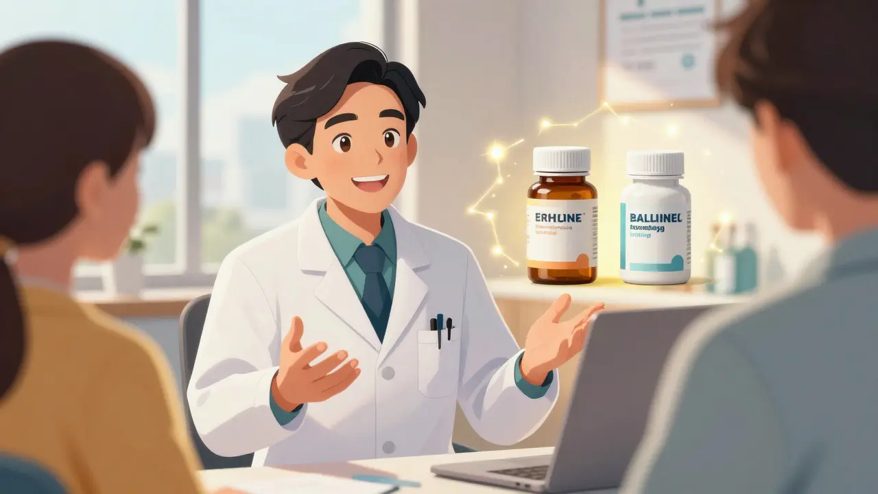 Doctor and patient in a bright office with a golden aura of positive communication.