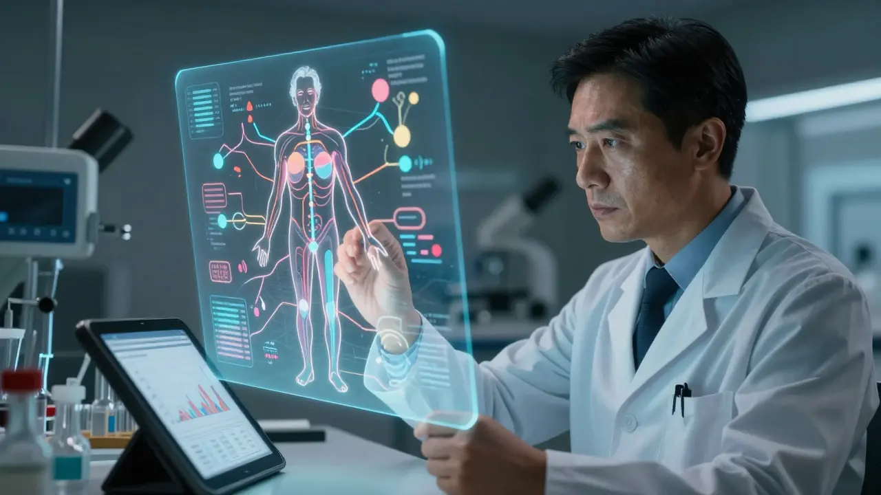 Scientist reviewing abstract metabolic data on a floating projection screen.