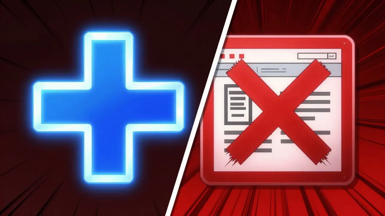 Split screen showing a safe medical icon versus a dangerous rogue pharmacy warning
