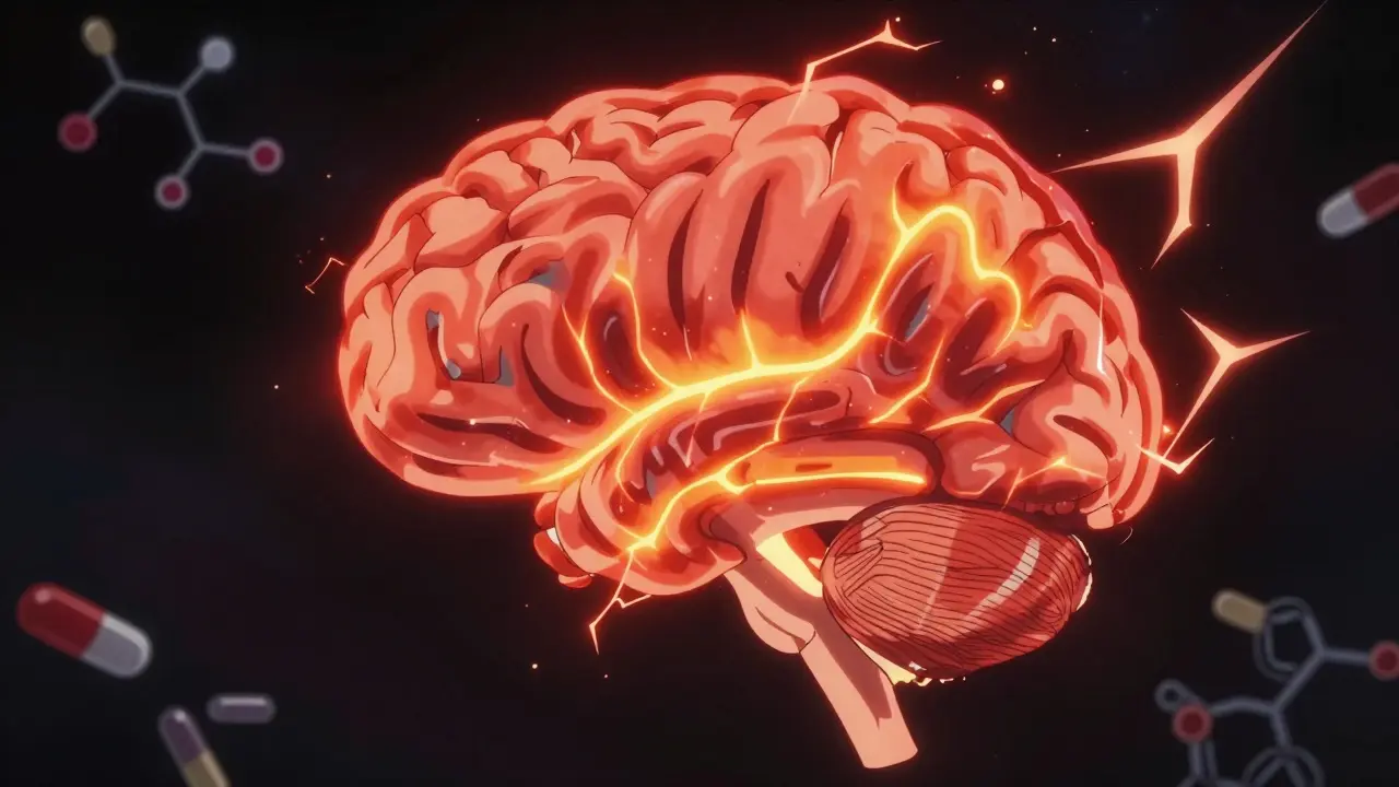Stylized anime brain showing red glowing areas of pain processing and negative energy.