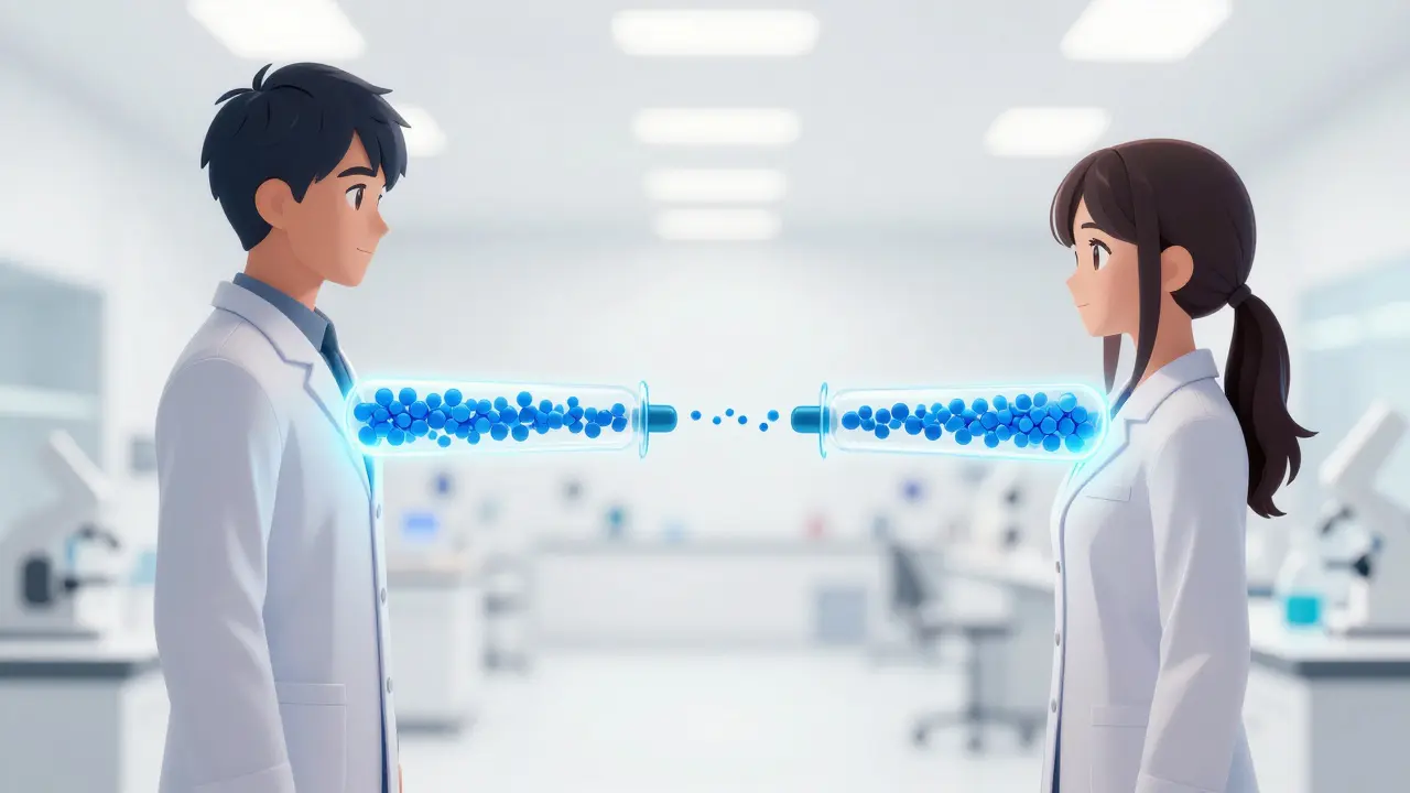Two figures connected by glowing streams showing drug absorption balance.