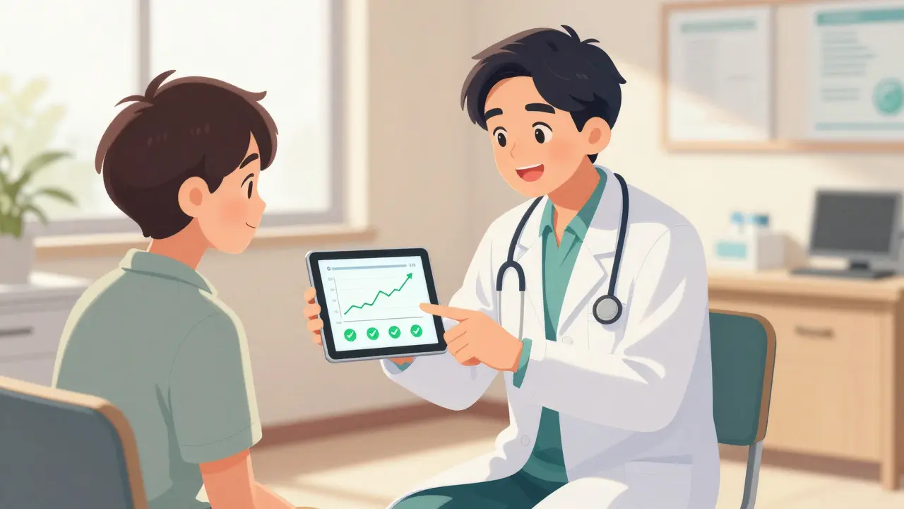 Anime doctor explaining health data to a confident patient
