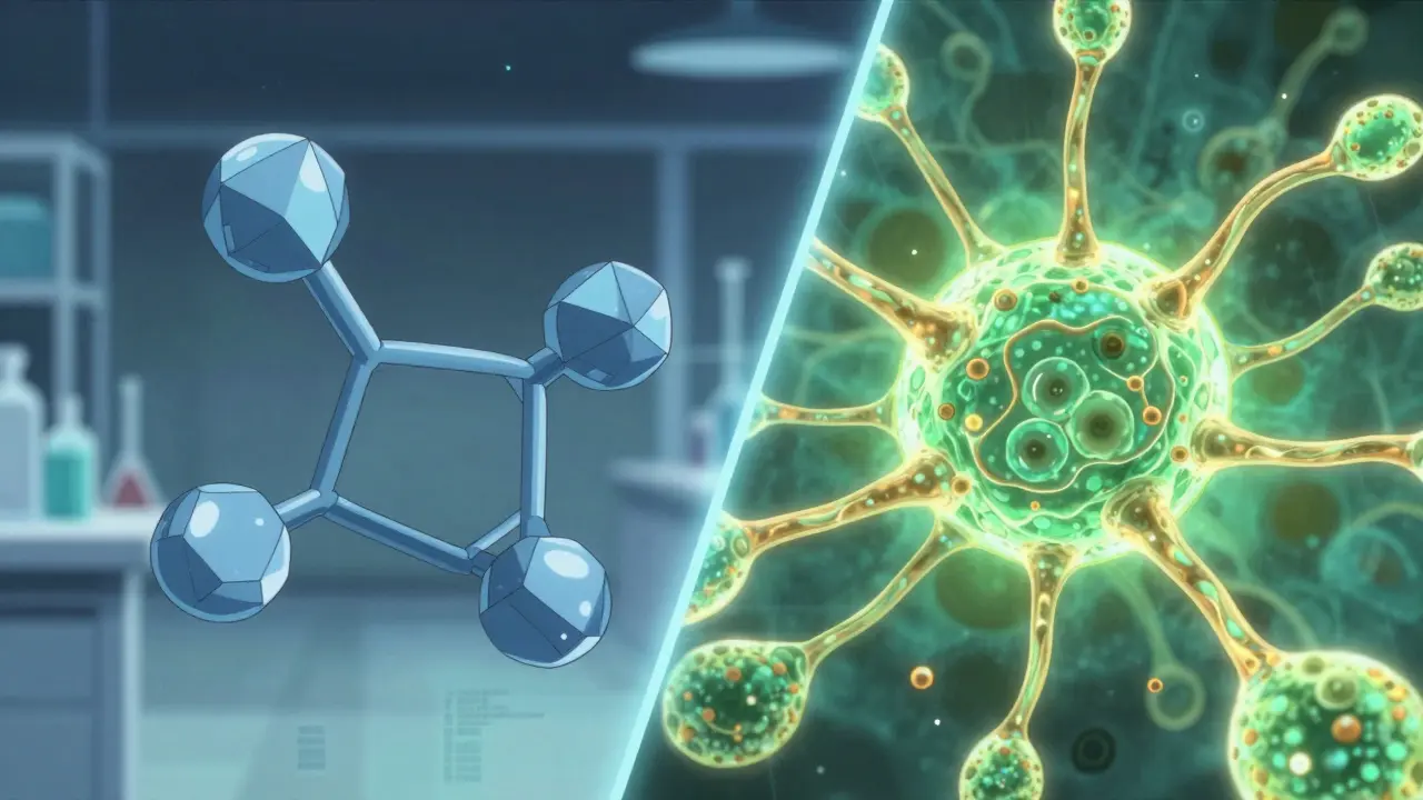 Anime illustration comparing simple generic drugs to complex biosimilars