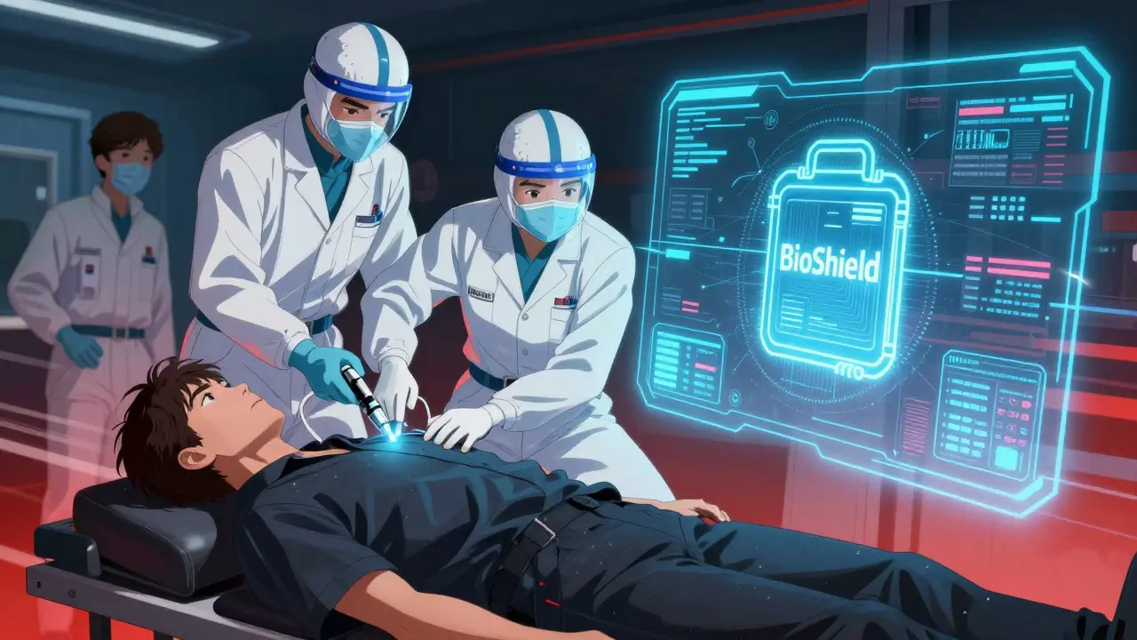 Anime illustration of emergency care and futuristic medical tech interface.