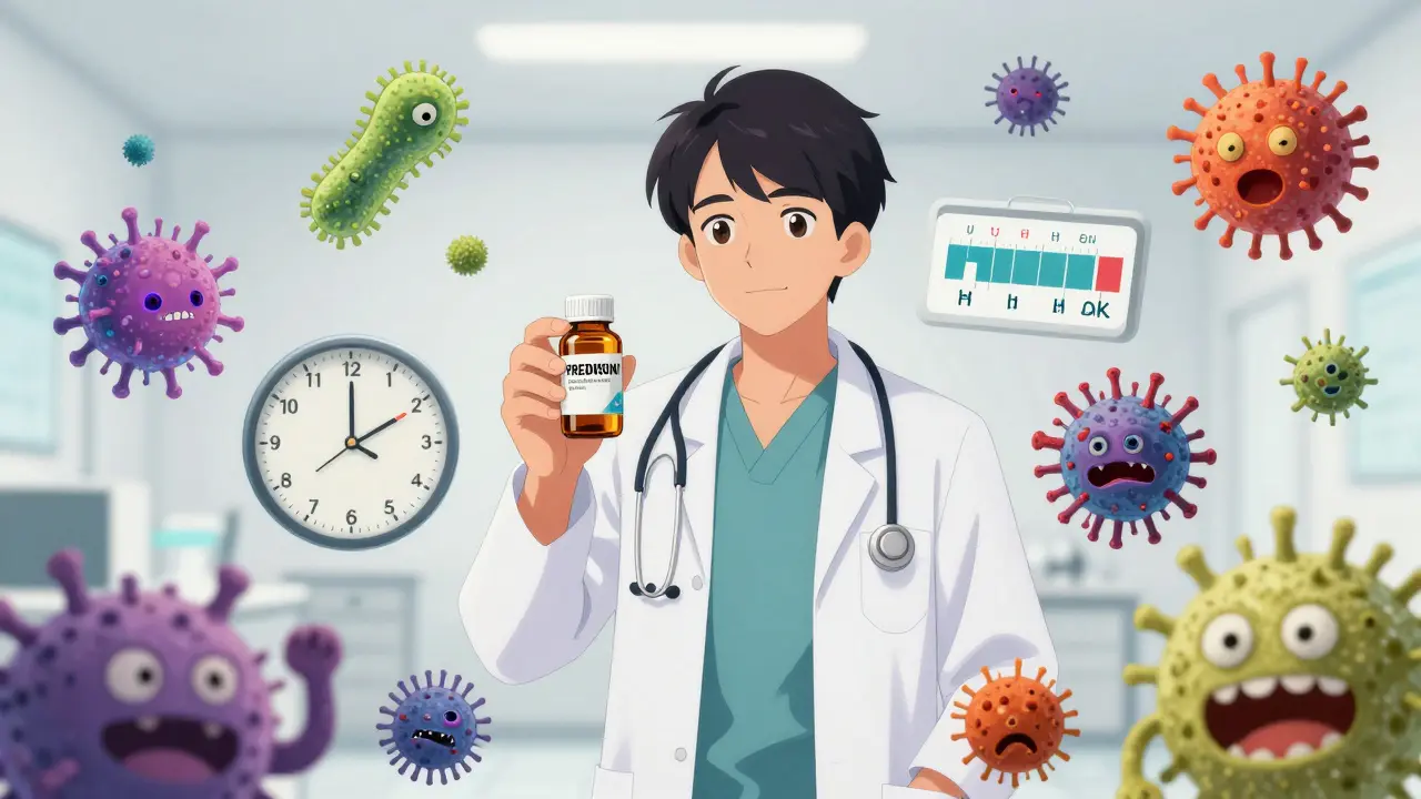 Anime illustration of infection risks linked to steroid dose and duration