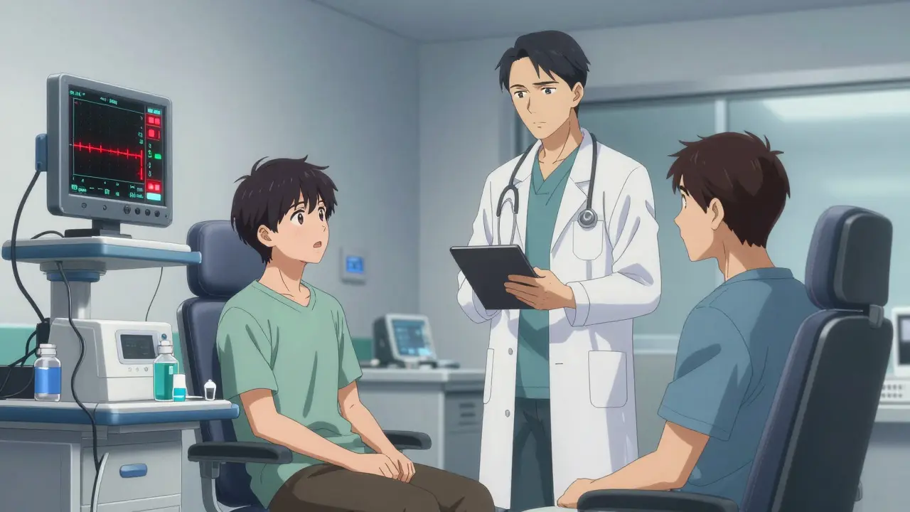 Anime scene of a patient being monitored by a doctor for blood pressure spikes.