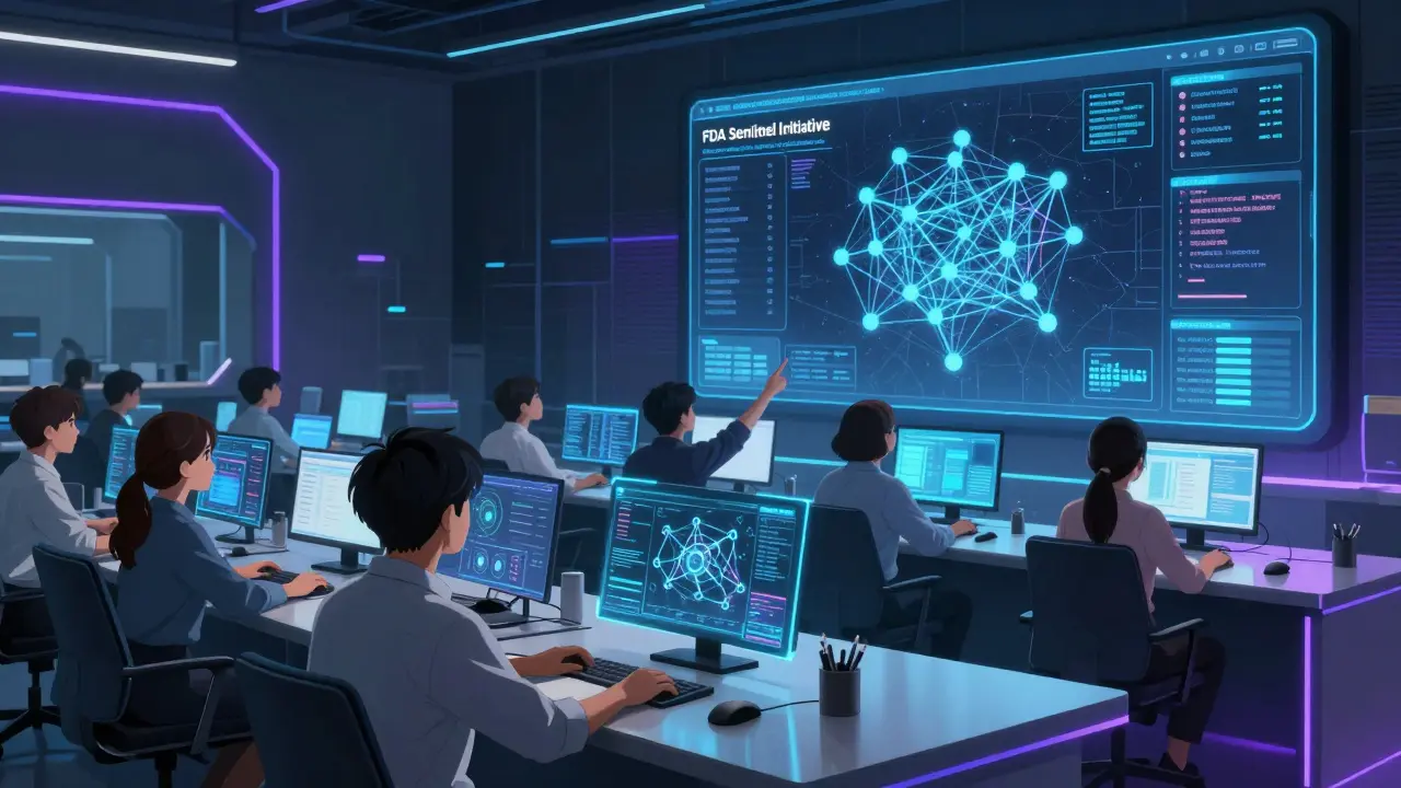 Anime-style analysts monitoring drug safety via holographic data screens